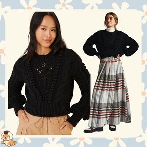 By Anthropologie Cropped Cable-Knit Sweater, Black, Sz Sm